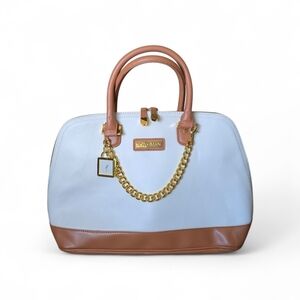 Leather Joy & Iman White and Tan Dome Satchel with Gold Chain Charm